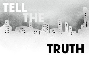 The words "Tell the Truth" float above a city skyline shrouded in fog 
