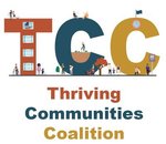 The letters TCC are incorporated into a neighborhood scene with people riding bicycles, walking with children and pets, and waiting for the bus. Underneath the scene, the words "Thriving Communities Coalition"
