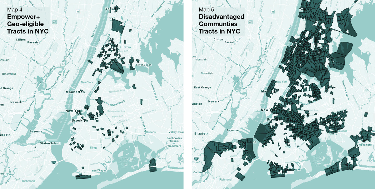 Two maps of NYC side by side. The 1st map, titled "Empower+ Geo-eligible Tracts in NYC" shows a handful of tracts shaded in dark blue across the city, with most occurring in the Bronx. The 2nd map, titled "Disadvantaged Communities Tracts in NYC" shows large sections of every borough shaded in dark blue.
