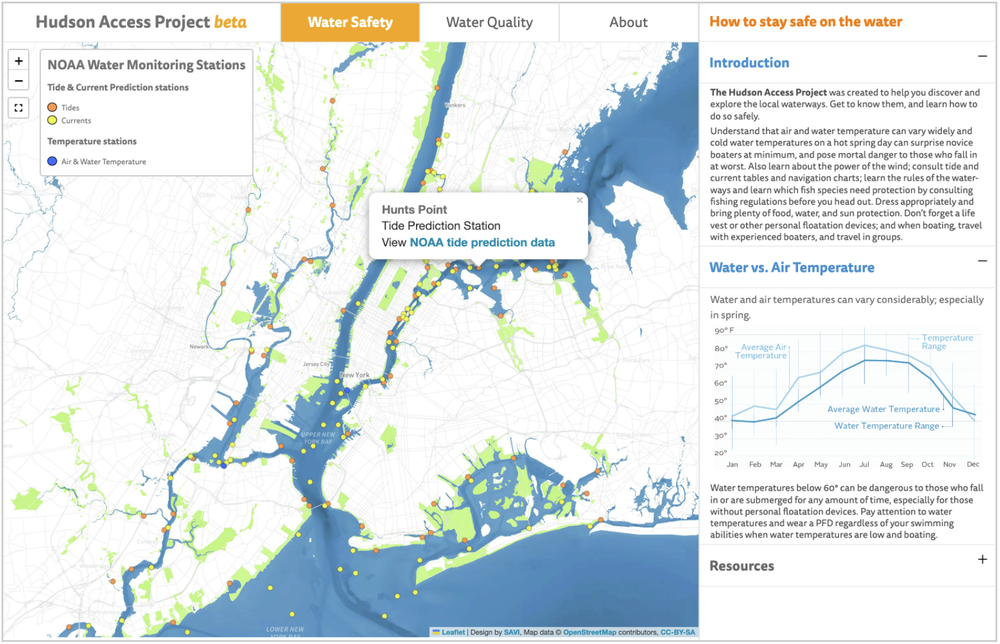 A screenshot of the water safety page of the Hudson Access Project website. The page shows an areal map of the river with tide and current information. 