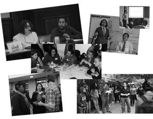 Collage of photos showing Elena engaged in various projects over the years--delivering testimony at City Council, speaking at a transit forum, giving a presentation, leading a roundtable discussion, giving an interview to a reporter, sharing tips with a group preparing to give testimony at a hearing