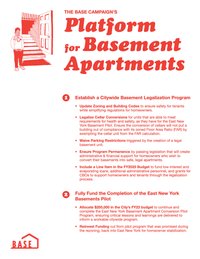Document with red lettering includes image of person holding groceries inside the door of a basement apartment. Title reads: The BASE Campaign's Platform for Basement Apartments"