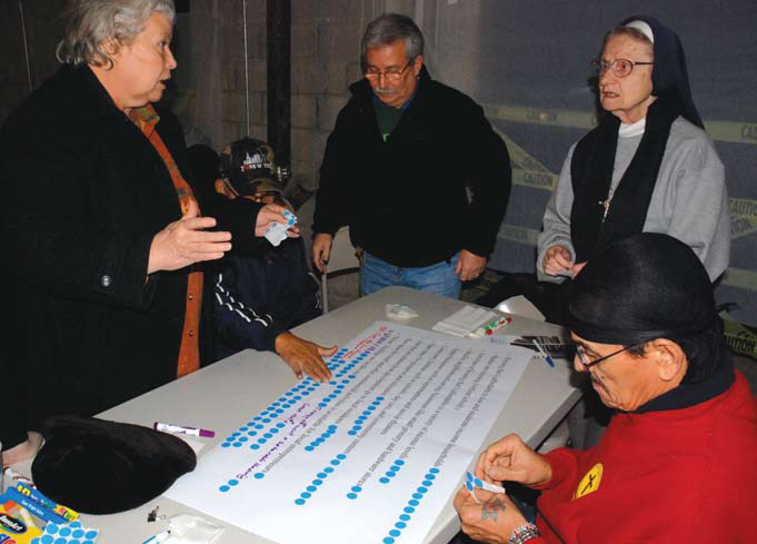 Residents gathered around a table rank their preferred uses of the SPURA site by placing blue dots on a game board
