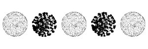 An alternating pattern of spheres, one comprised of data nodes connected by a web, and the other an illustration of the covid-19 virus 