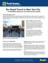 Page 1 of Fact Sheet titled: Bus Rapid Transit in New York City: An Affordable Solution for Transit-Starved Communities, includes photograph of a BRT station in Bogota, Columbia