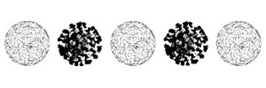 An alternating pattern of spheres, one comprised of data nodes connected by a web, and the other an illustration of the covid-19 virus