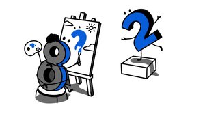 Cartoon: The number 8 paints the number 2 on a canvas while the number 2 poses in the background while balancing on one foot 