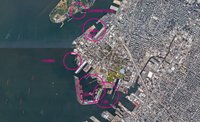 Aerial map of Red Hook Brooklyn with circles marking potential locations for the project along the waterfront 