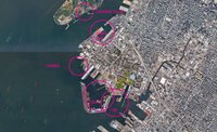 Aerial map of Red Hook Brooklyn with circles marking potential locations for the project along the waterfront