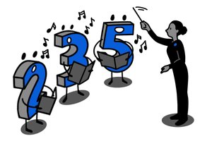 An ensemble of cartoon numbers stand side by side holding music folders and singing, while their human conductor directs from the side.