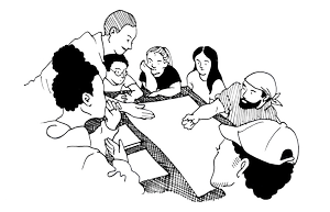 7 young people sit around a table where large maps are laid out.