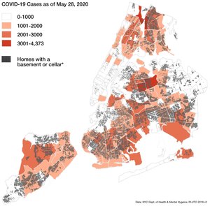 Map of New York City showing zip codes with highest COVID-19 case counts shaded in red and homes with basements/cellars in black