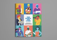 Cover image shows colorful illustrations of people in various professions--florist, housekeeper, construction, personal trainer, baker, etc--Title text reads: "Your Business, Your Future: A Basic Guide to Launching a Business for Immigrant Entrepreneurs"
