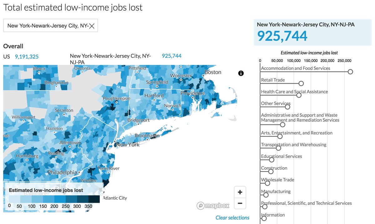 Map: Total estimated low-income jobs lost in New York metro area: 925, 744