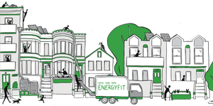 black and white line drawing with green accents. Cartoon street of varied types of houses and apartments with solar panels, rain barrels, gardens, and a truck that says "Make your home energy fit"