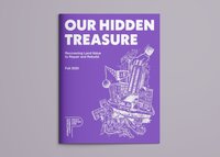 Cover of Our Hidden Treasure report contains cartoon illustration depicting people in communities fighting for land against the untempered forces of real estate speculation and development 
