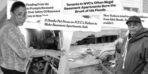 Collage of newspaper headline clippings and photos of homeowners showing damage to their properties caused by Hurricane Ida.