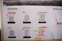 Poster showing possible rebuilding solutions with diagrams in the Rockaways. Issues discussed include: Elevating structure, Stairs, Mechanical Systems, Parking, Elevator and Lifts, Other