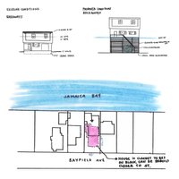Sketches show location of a home next to Jamaica Bay, and elevation of current home alongside proposed elevation after raising home