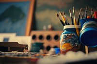 colorful jar of paintbrushes set against art classroom blurred in background