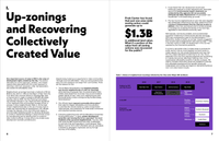 Spread from section 1: Up-zonings and recovering collectively created value, includes chart showing status of rezonings undertaken by the de Blasio administration