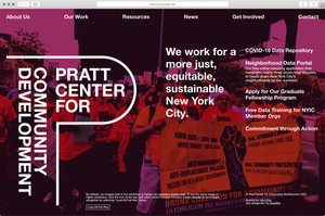 Homepage showing the new Pratt Center for Community Development logo and tagline (We work for a more just, equitable, sustainable NYC) over a photograph of a demonstration organized by the Bronx Coalition for a Community Vision