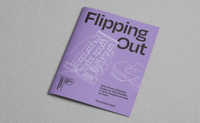 Front cover of a report titled 'Flipping Out', on a purple background with minimalist line art depicting a hand holding a building and another hand holding cash. Subtitle reads, 'How Home Flipping Reduces Affordability in NYC Neighborhoods of Color,' dated November 2024.